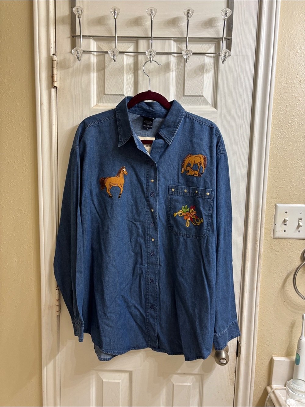 Embroidered Denim Button-Down Shirt - Blue